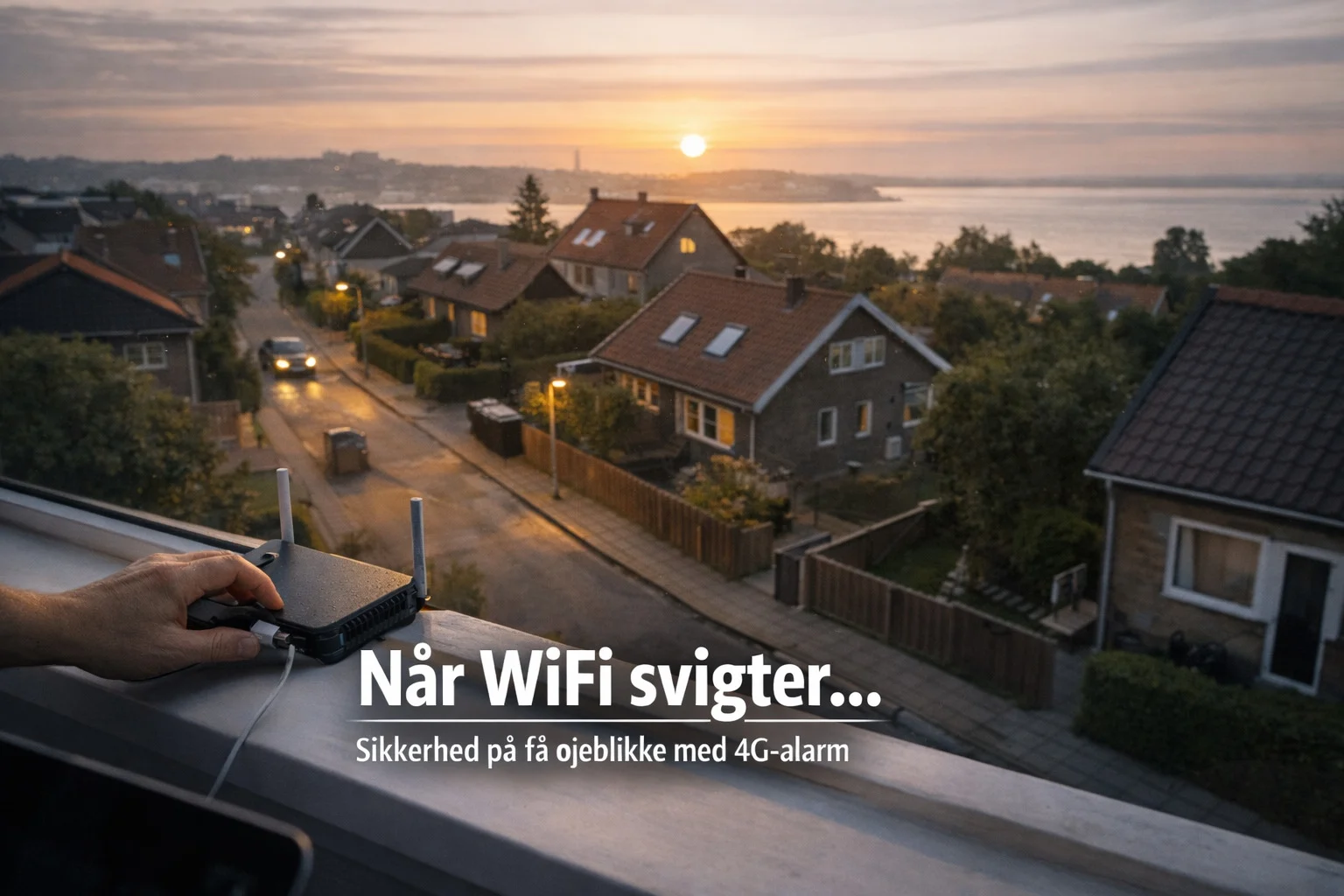 billedet illustrerer en vej ved solnedgang og et hjem med en 4g backup alarm