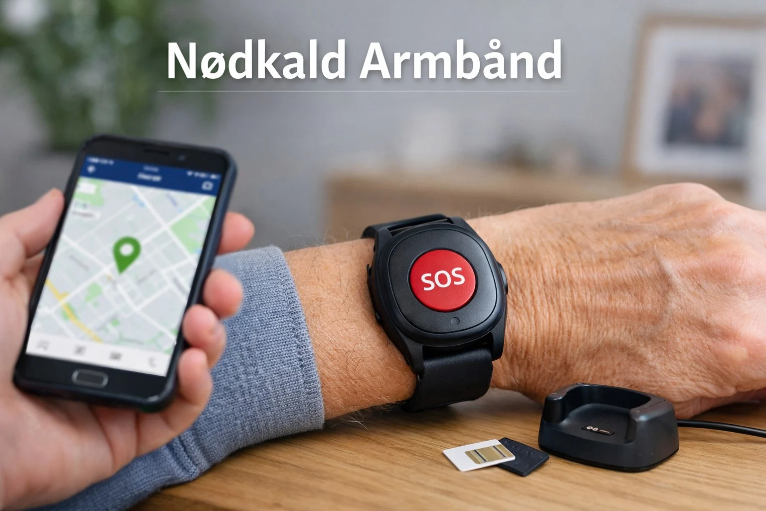 billedet viser nødkald armbånd med gps og smartphone