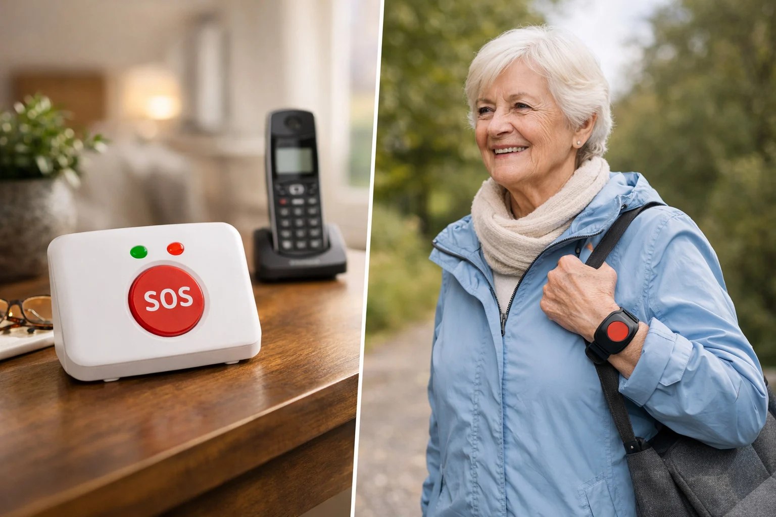 billedet viser en tryghedsalarm og en ældre dame med nødkald til ældre