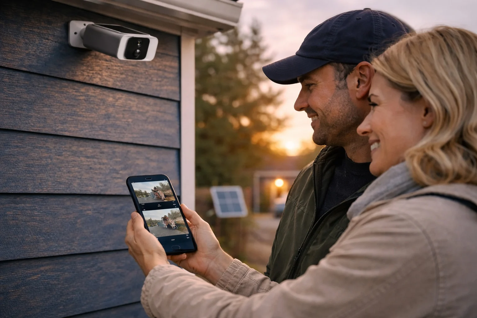 billedet viser et par i gang med montering af overvågningskamera trådløs batteri