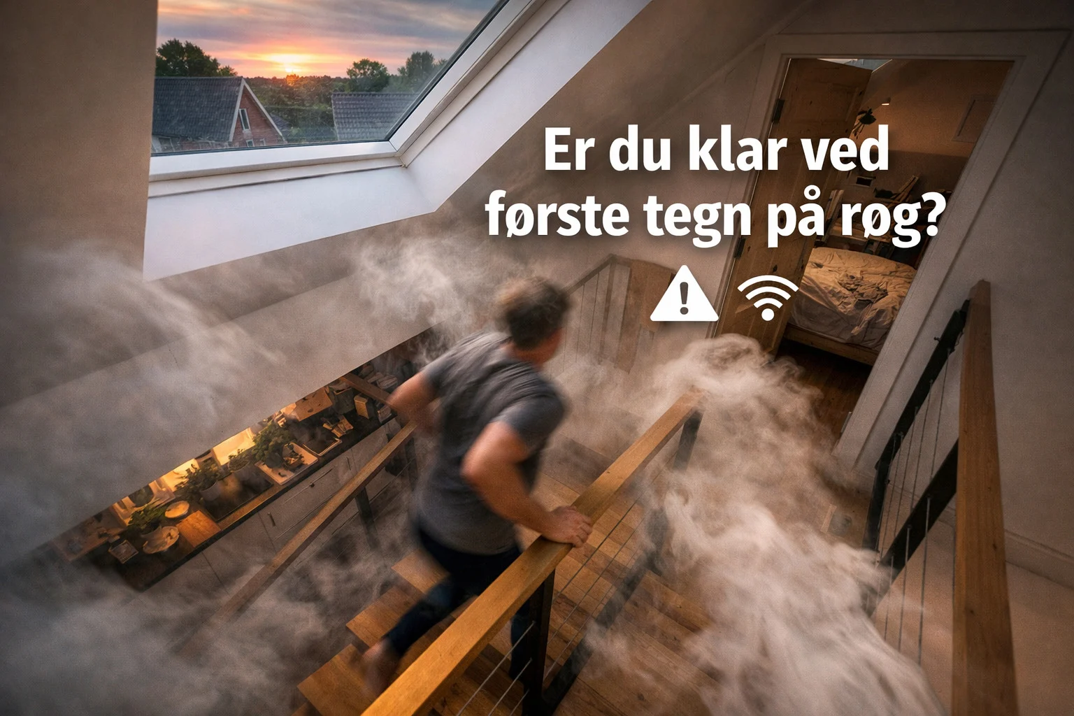 billedet viser et hjem i røg med Røgalarm alarmsystem