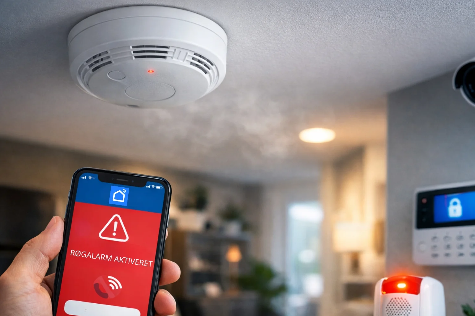 billedet viser en Røgalarm smart home og smartphone notifikation