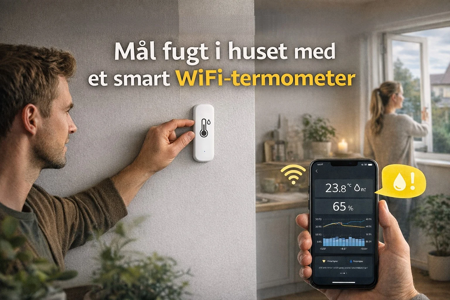 billedet viser et hjem med termometer og fugtighedsmåler og omhandler "hvordan kan man måle fugt i huset"