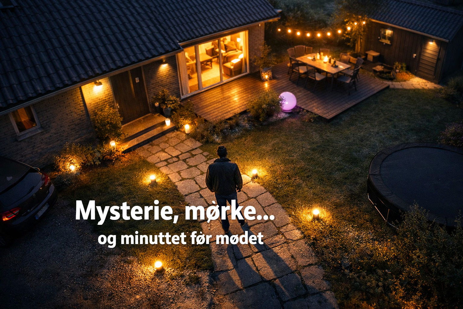 billedet viser privat have og mand i mørke med smart belysning udendørs