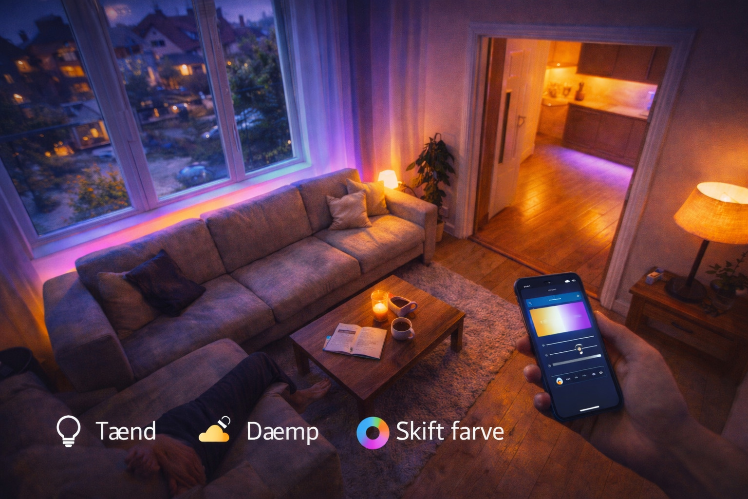 billedet viser en stue belyst med LED lys som en af mange Smart home løsninger