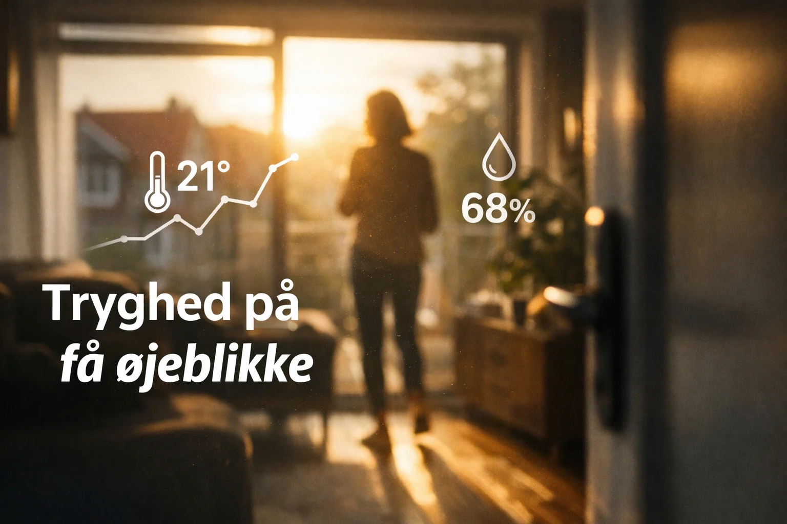 billedet viser en belyst stue med tekst og ikoner der omhandler Smart termometer data