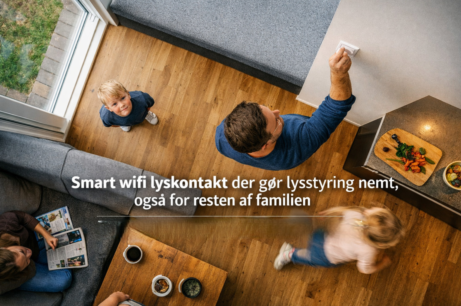 billedet viser en familie med smart home og smart wifi lyskontakt