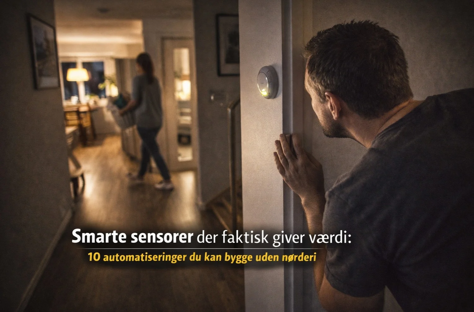 billedet viser en mand i sit hjem med Smarte sensorer