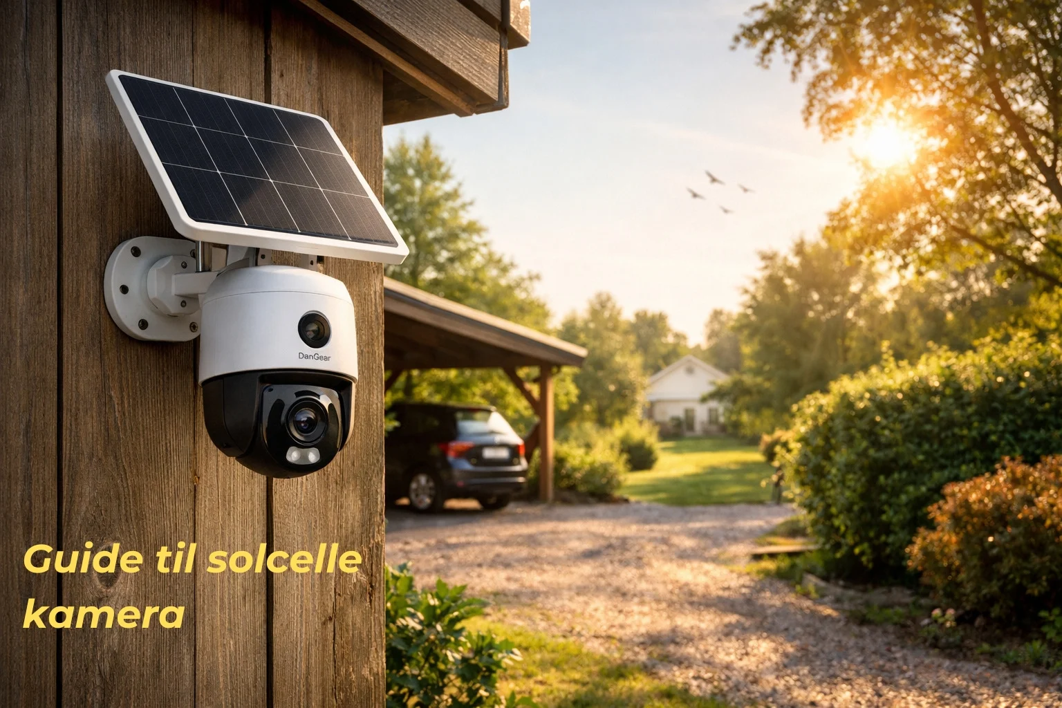 billedet viser et overvågningskamera placeret udendørs som et Solcelle kamera