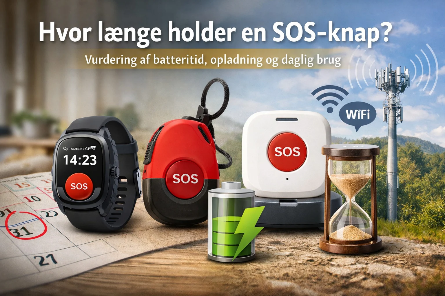 billedet viser forskellige typer tryghedsalarmer og forklarer om Sos knap batteritid