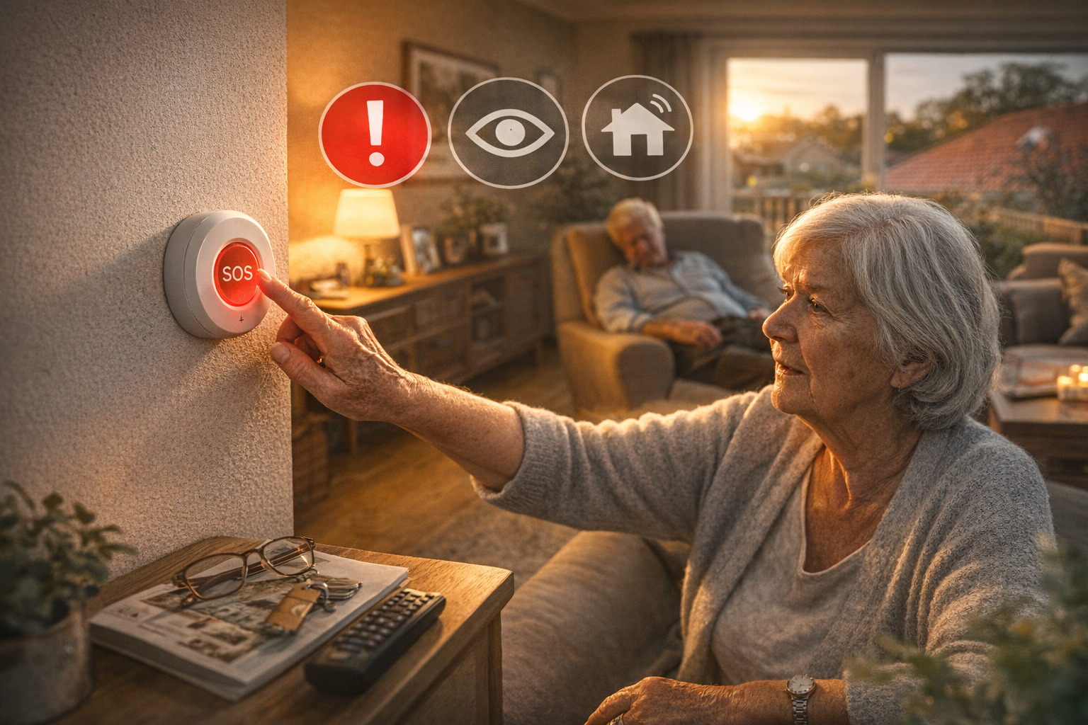 billedet viser et ældre par i en nødsituation med en tryghedspakke