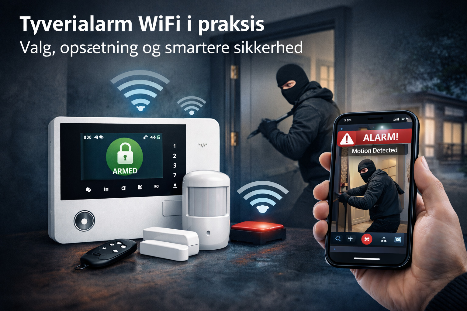 billedet viser smartphone med alarm app og sikringsprodukter til tyverialarm wifi