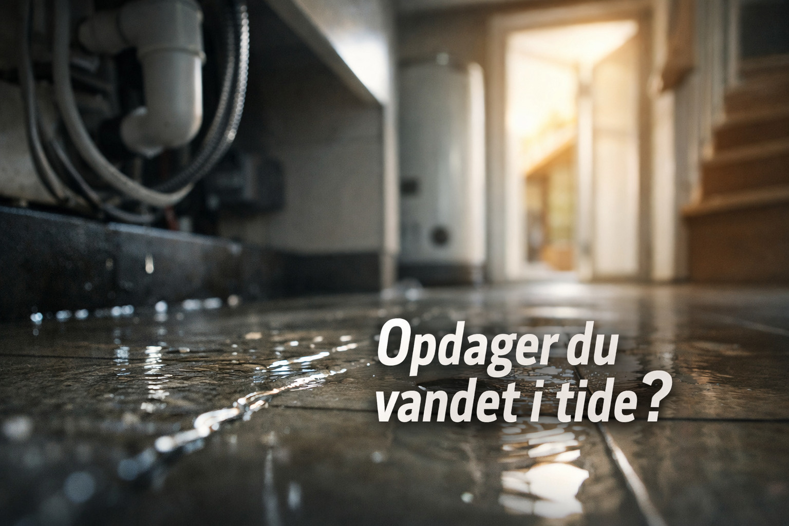 billedet viser et vådt gulv med Vandlækage alarm