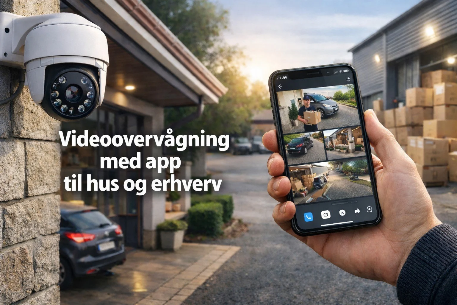 billedet viser en smartphone i hånden og et overvågningskamera der illustrerer videoovervågning med app
