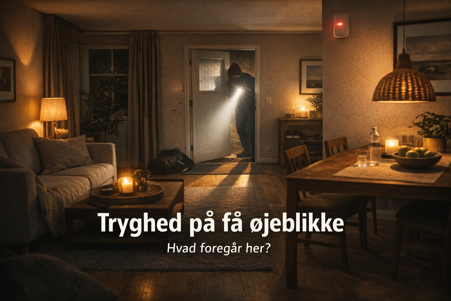 på billedet ses en indbrudstyv på vej ind i privat bolig der har alarm til hjemmet uden abonnement