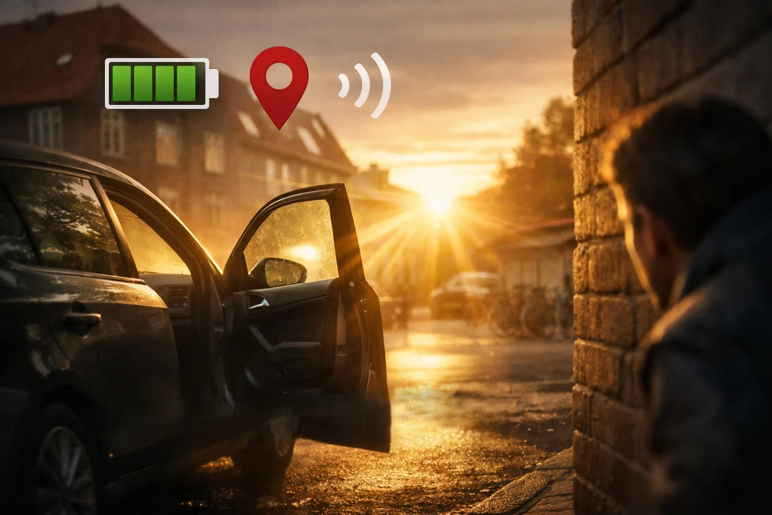 billedet viser en bil med åben dør og omhandler gps tracker batteri