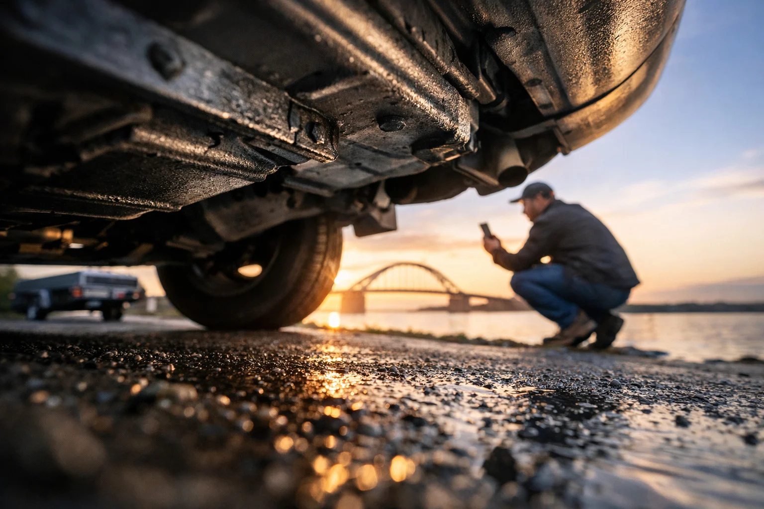 billedet viser en mand ved hans bil der har gps tracker magnet