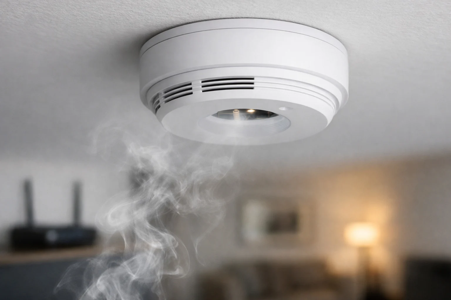 billedet viser en røgalarm og røg og omhandler hvilken type røgalarm er bedst