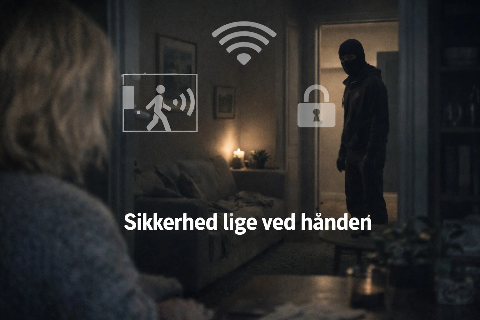billedet viser en dagligstue i mørk belysning med et indendørs overvågningskamera