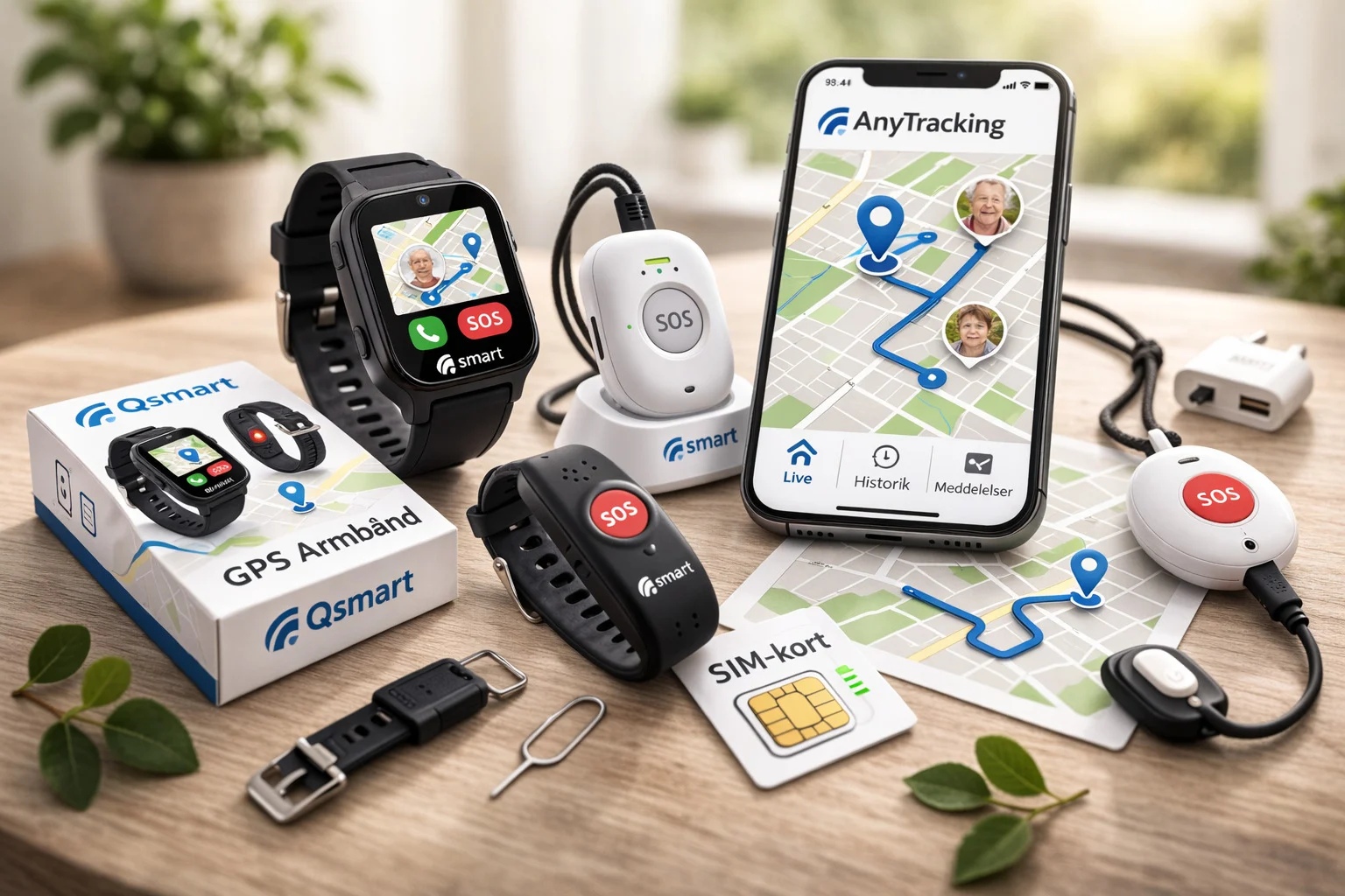 billedet viser forskellige former for tryghedsalarmer og simkort til GPS ur