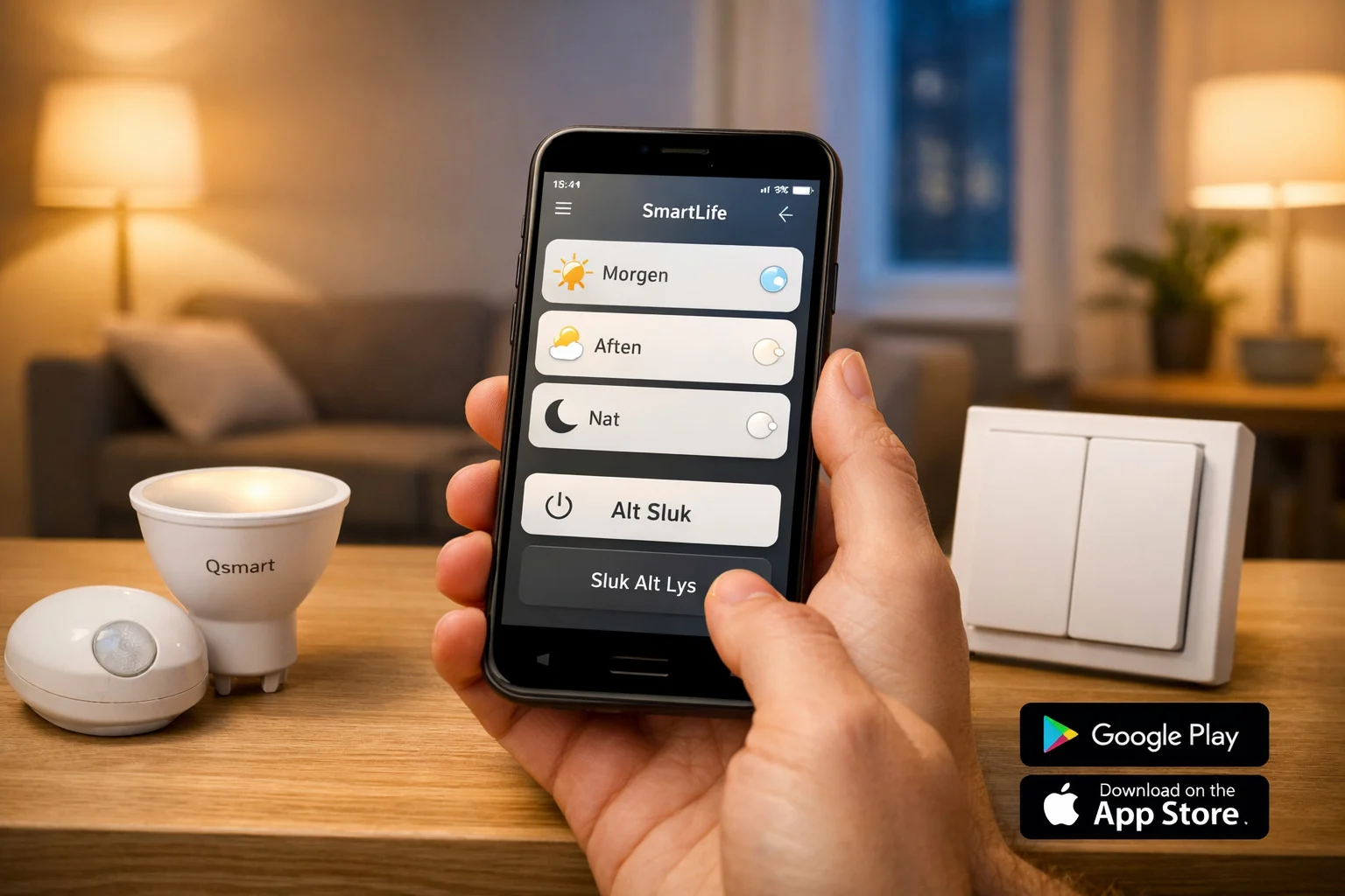 billedet viser brug af smartlife appen og hvordan man bruger smart lys app