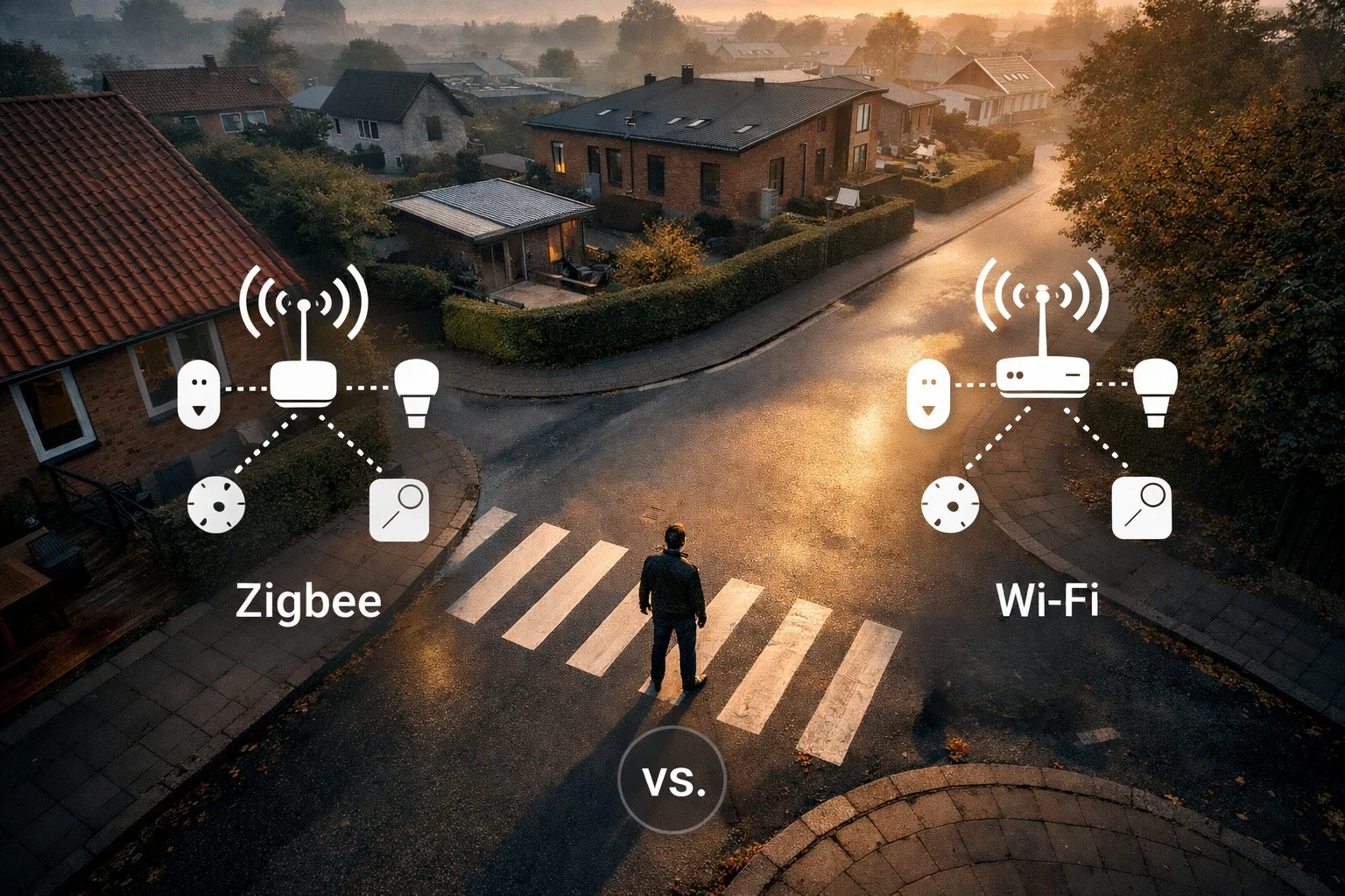 billede viser en mand på en gade i mellem valget af Zigbee vs WiFi
