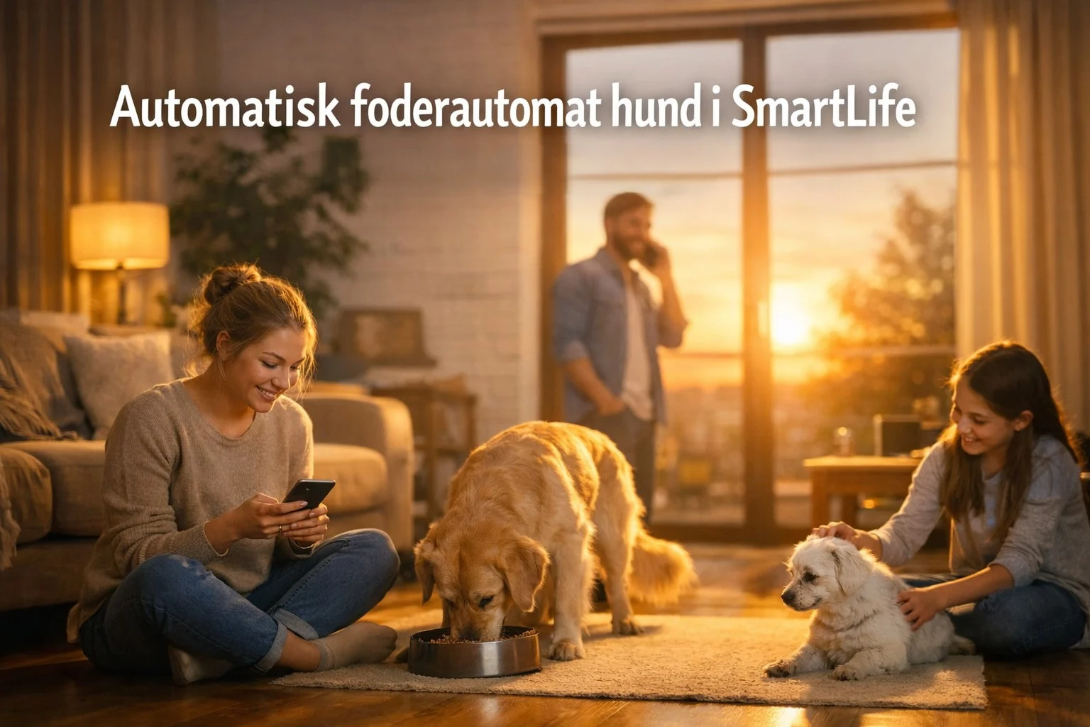 billedet viser en familie med hunde og Automatisk foderautomat hund