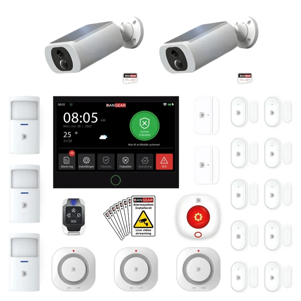 DanGear MAX alarmsystem pakke · 2x WiFi solcelle batteri kamera · 150-250 m²
