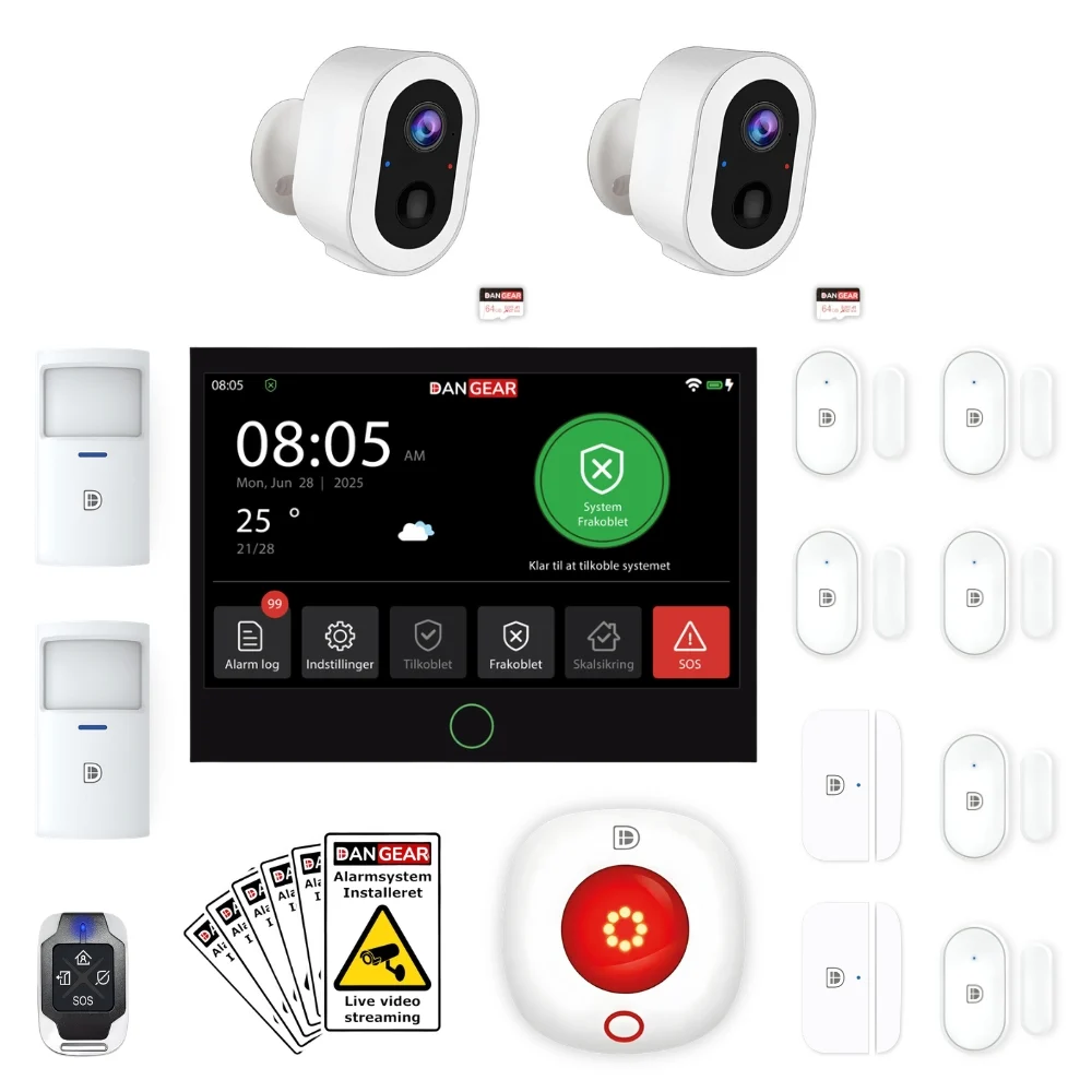 DanGear PLUS alarmsystem pakke · 2x WiFi batteri kamera · 100-150 m²