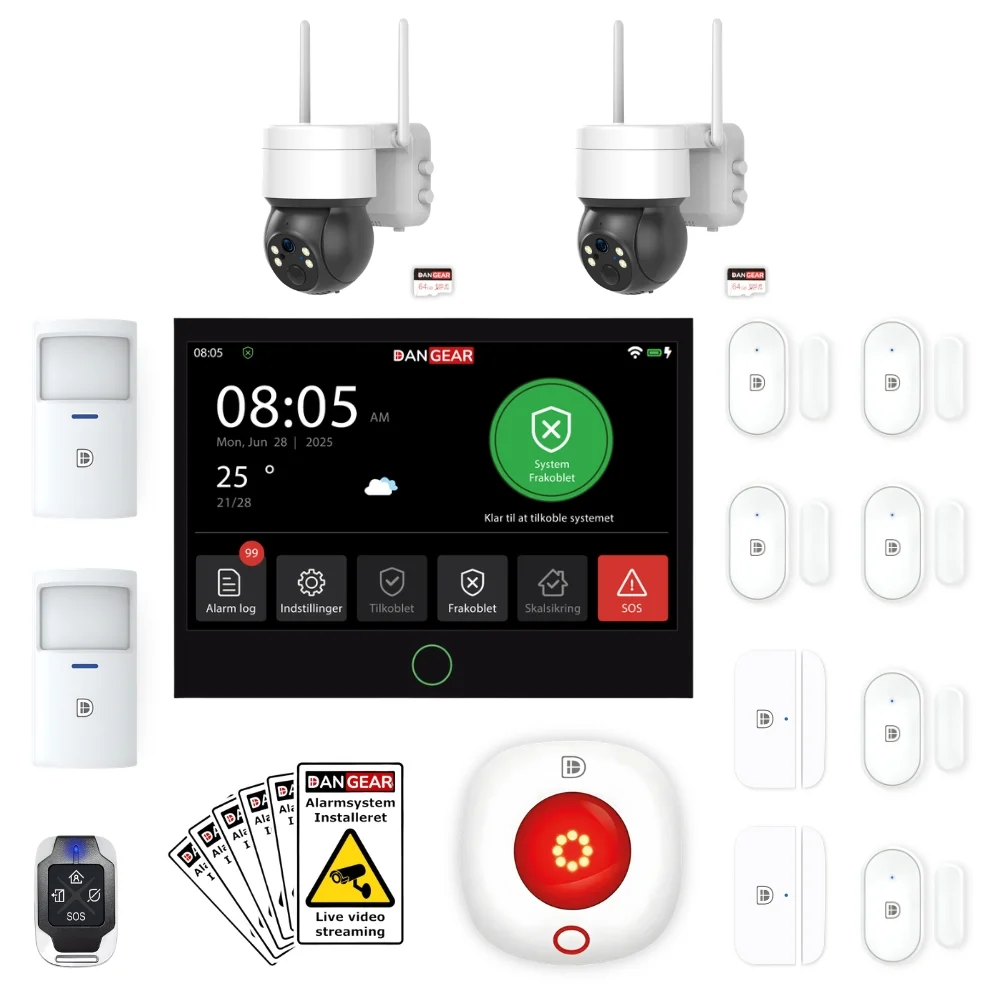 DanGear PLUS alarmsystem pakke · 2x WiFi batteri ptz kamera · 100-150 m