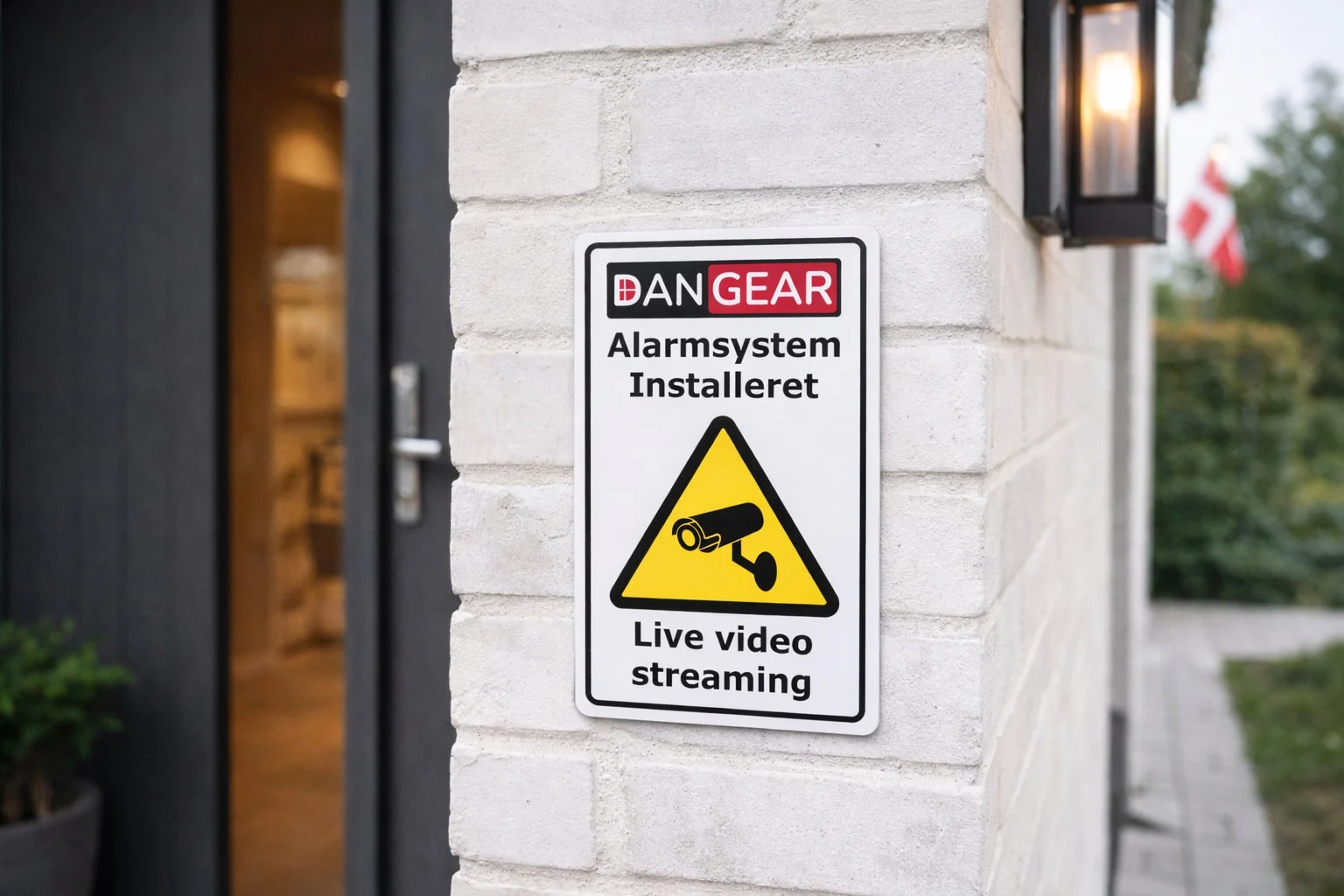DanGear alarmsystem installeret skilt på dansk villa