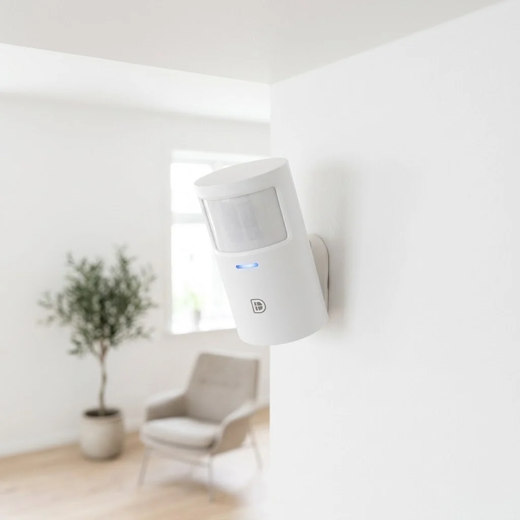 DanGear bevægelsessensor monteret på væg i villa DanGear SLEIPNER Bevægelsessensor til alarmsystem