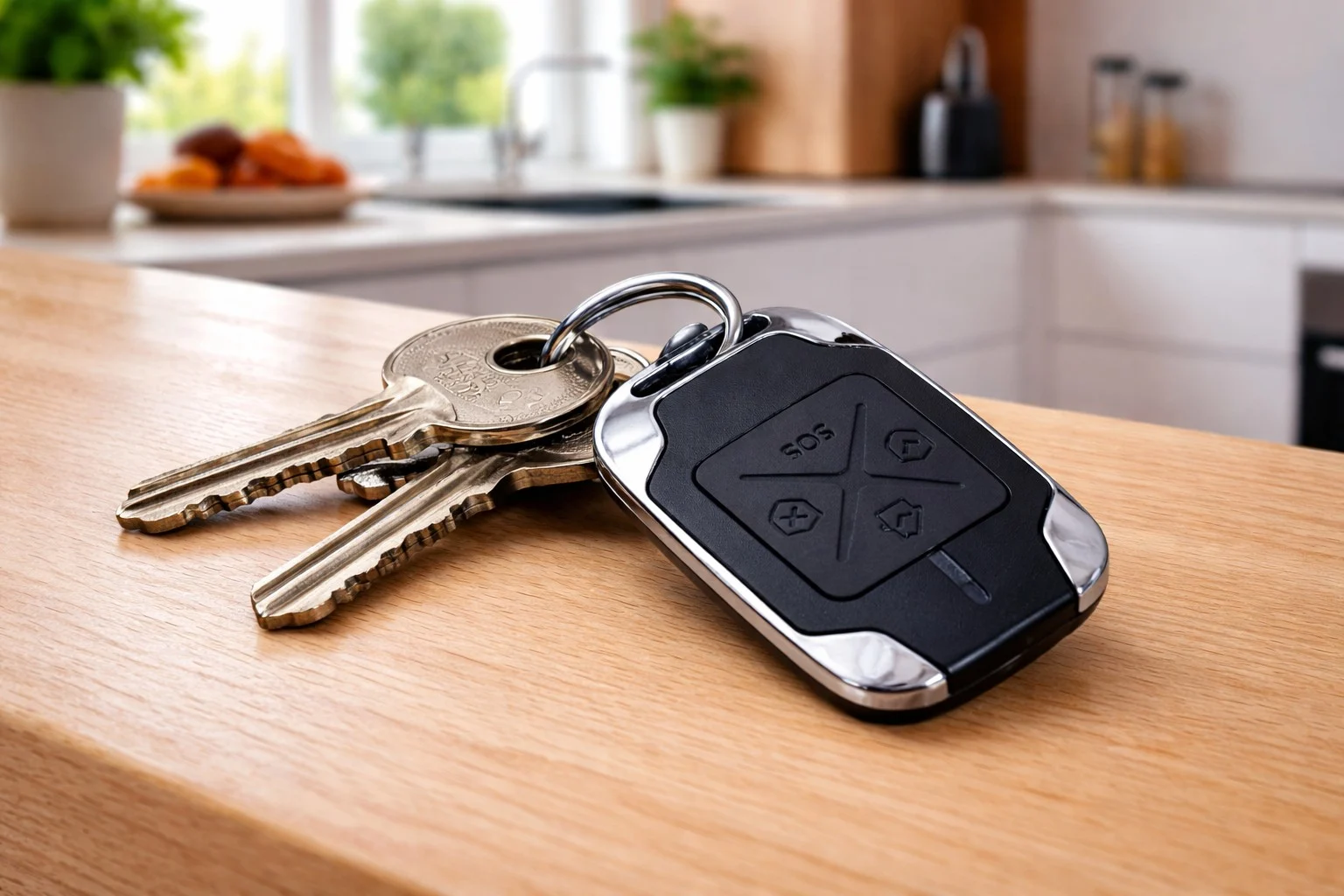 DanGear fjernbetjening til alarmsystem i nøglering på køkkenbord firkantet fjernbetjening