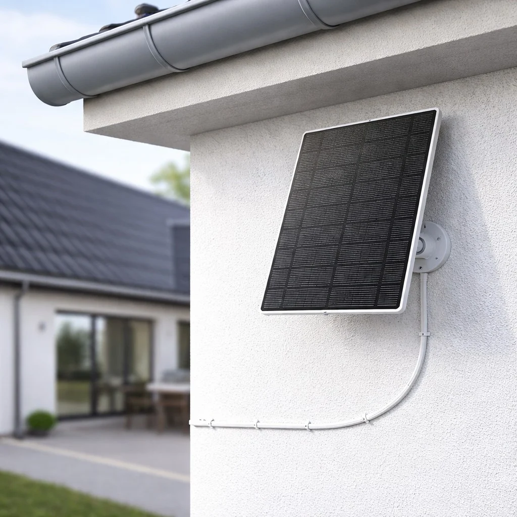 DanGear solcelle til overvågningskamera monteret på husvæg