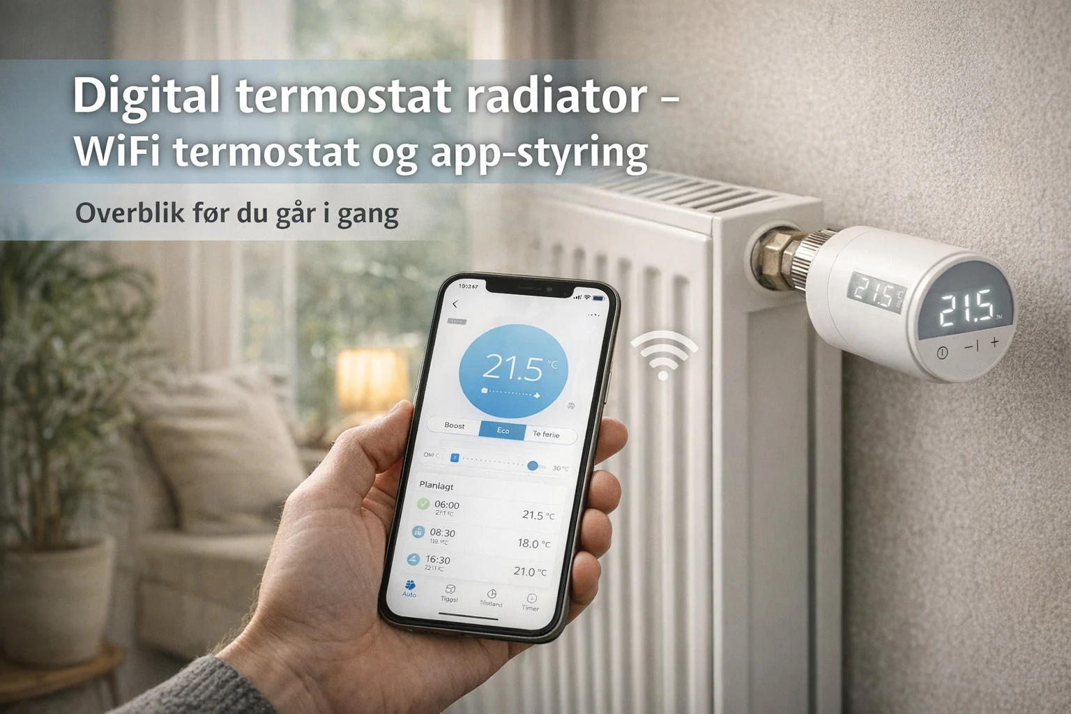billedet viser en Digital termostat radiator sat på radiator med app