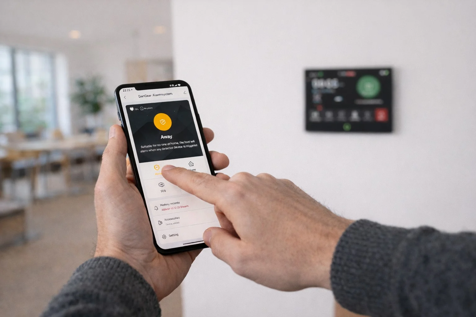 Hånd som betjener SmartLife app og DanGear alarmsystem Hånd som betjener SmartLife app og DanGear alarmsystem