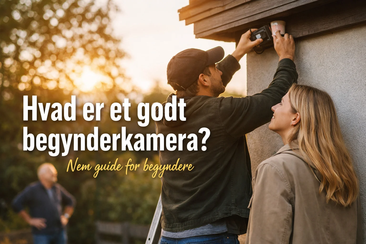 billedet viser et par i gang med at opsætte overvågningskamera og billedet omhandler Hvad er et godt begynderkamera