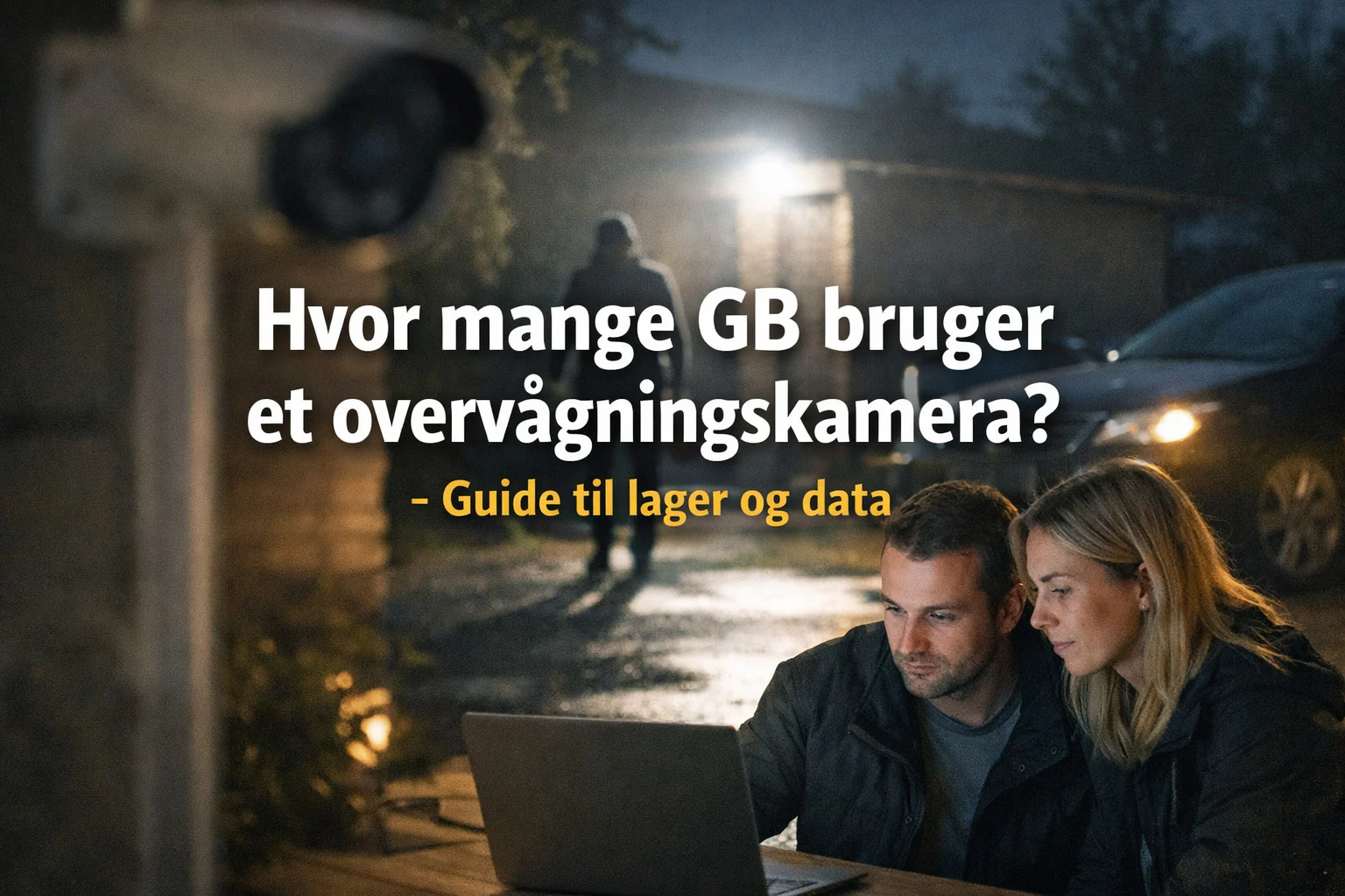 billedet viser et par med udendørs overvågningskamera og omhandler spørgsmålet "Hvor mange GB bruger et overvågningskamera"