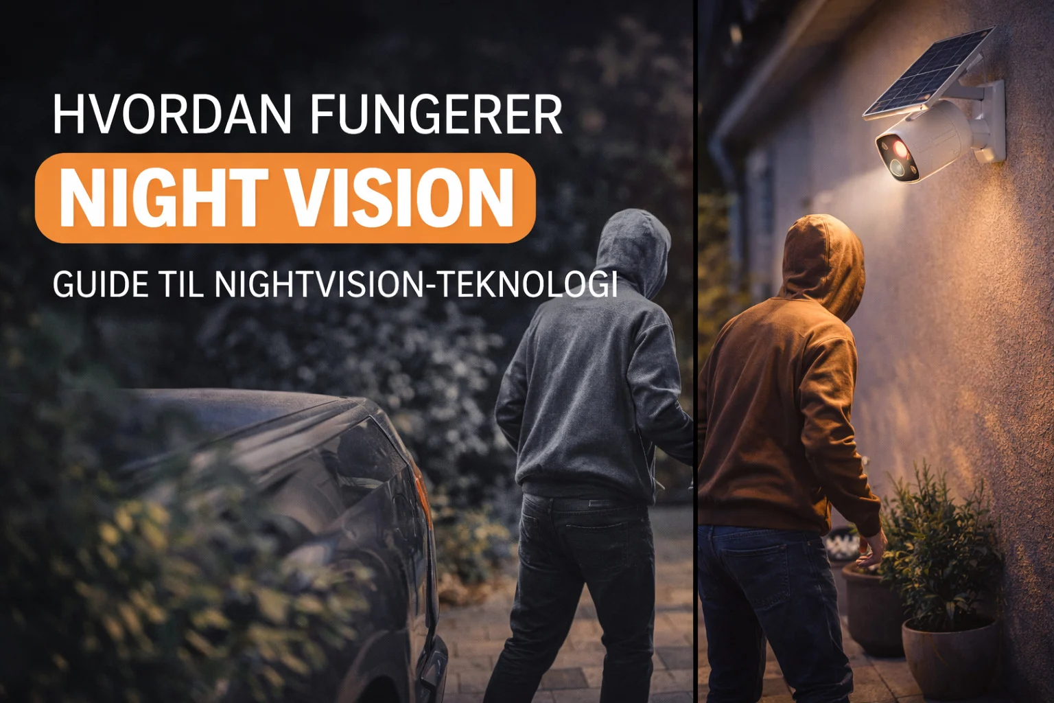 billedet viser indbrudstyve ved et hjem med overvågning og omhandler spørgsmålet "hvordan virker night vision"