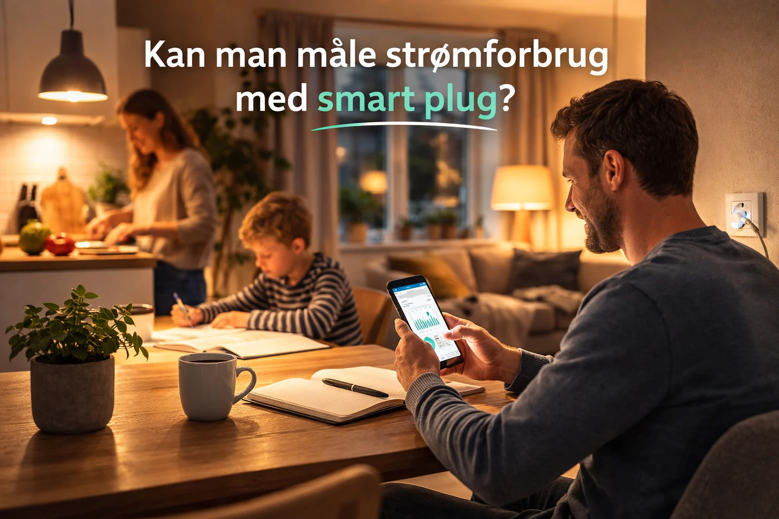 billedet viser smart plug i hjemmet og spørgsmålet Kan man måle strømforbrug med smart plug