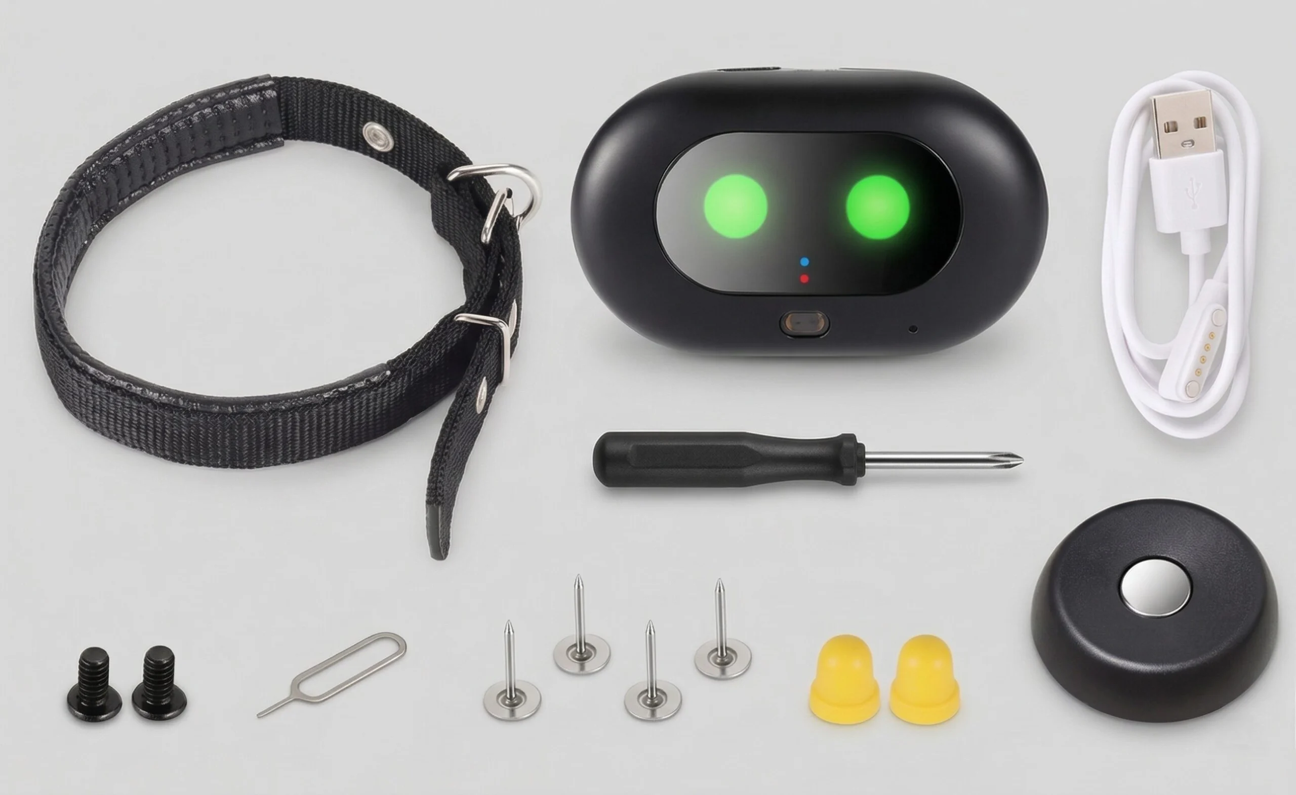 Qsmart GPS tracker til hund og kat billede som viser alt inkluderet tilbehør