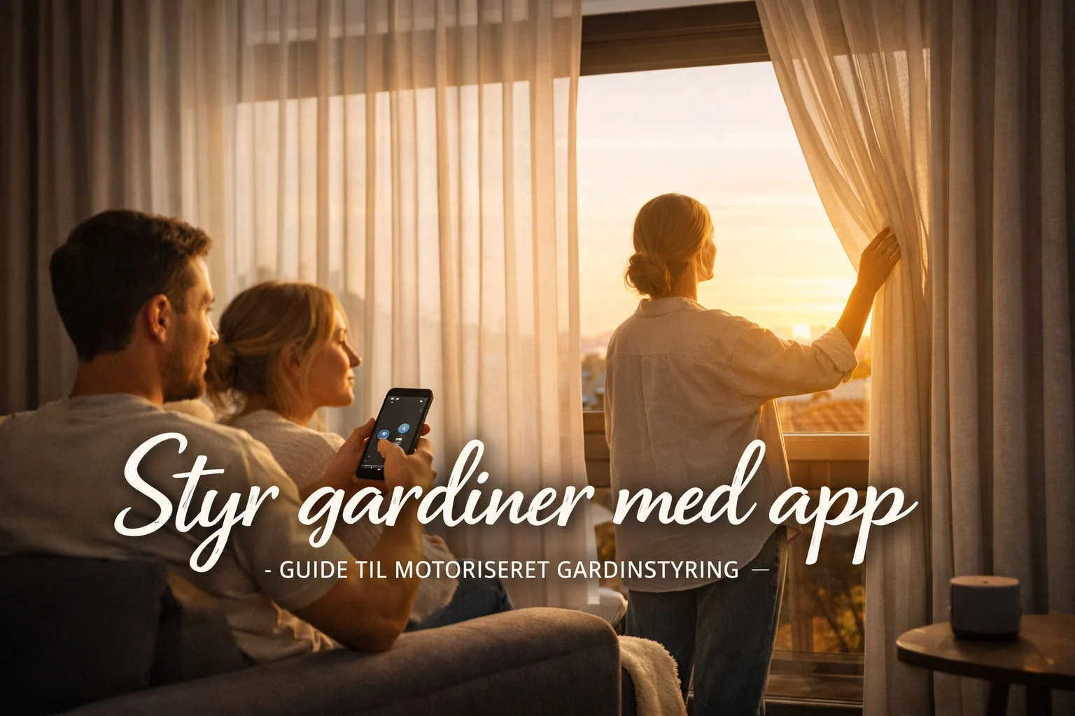 billedet viser et hjem med smart gardinmotor og omhandler "styr gardiner med app"