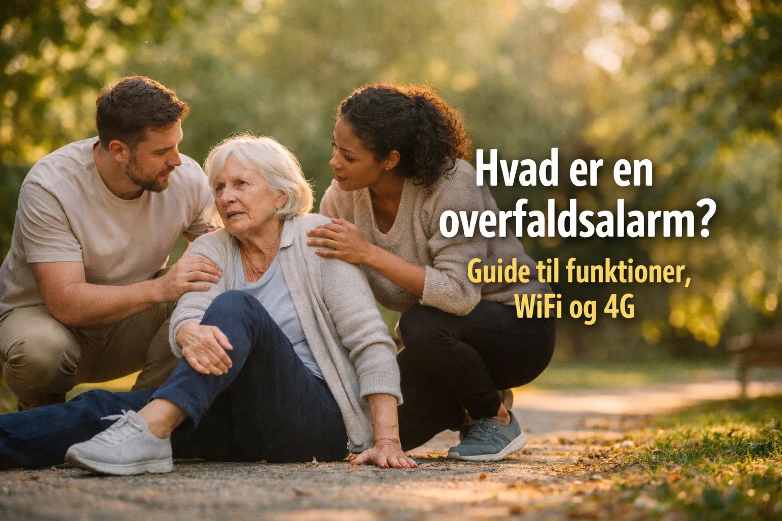 billedet viser en ældre kvinde der er faldet og omhandler hvad er en overfaldsalarm