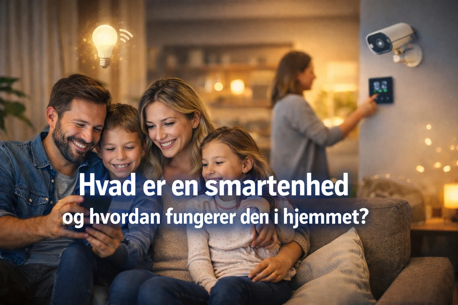 billedet viser en familie i et smart home med spørgsmålet hvad er en smartenhed