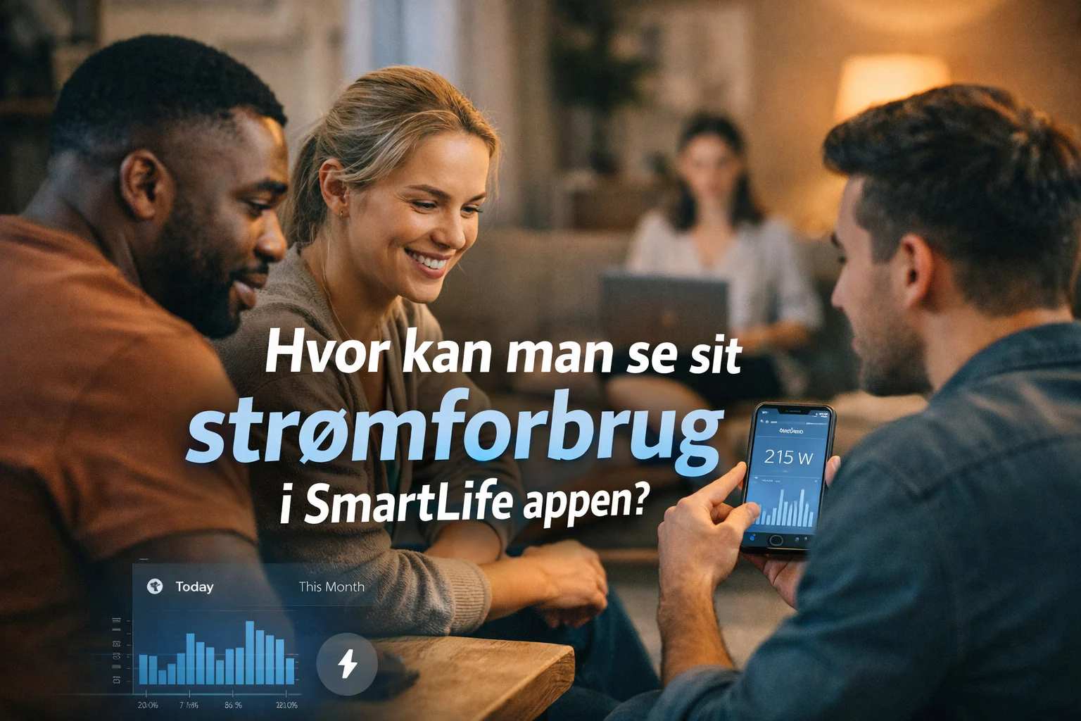 billedet viser folk med smart plugs og omhandler spørgsmålet "hvor kan man se sit strømforbrug"