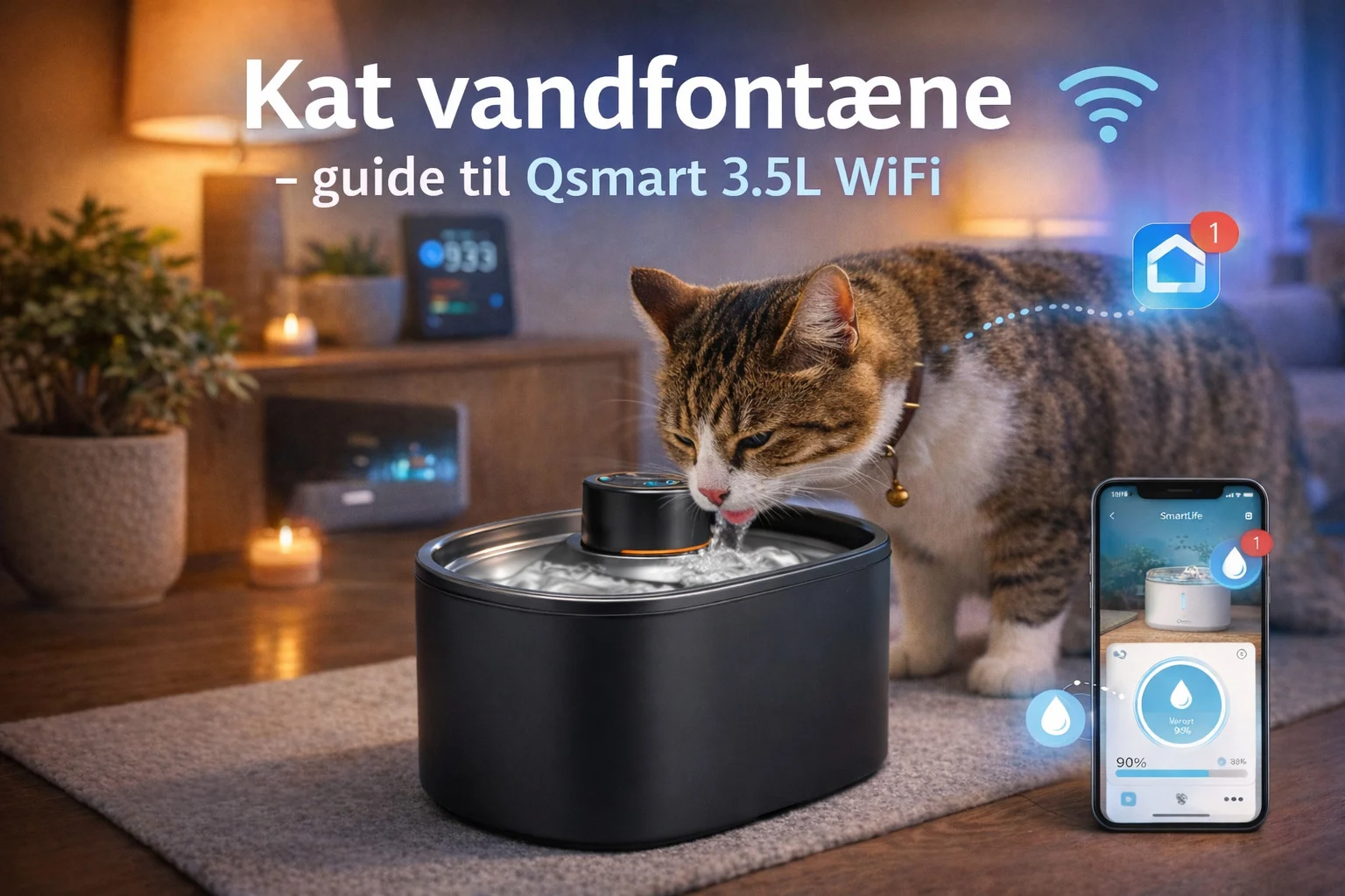 billedet viser en kat der drikker af en kat vandfontæne