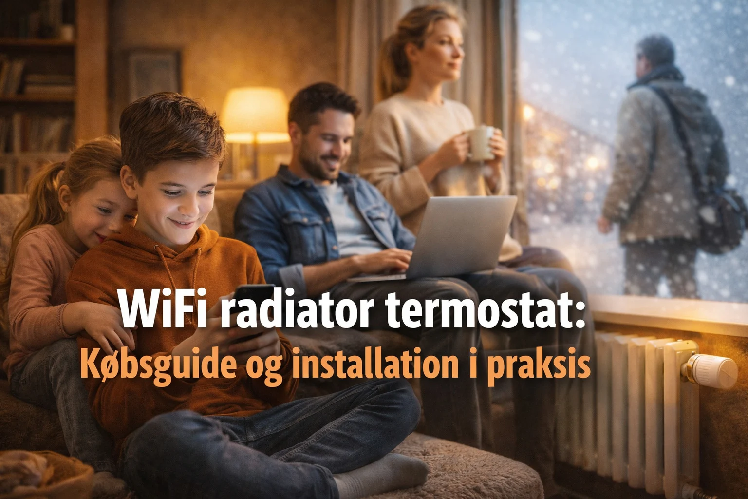 billedet viser en familie med wifi radiator termostat