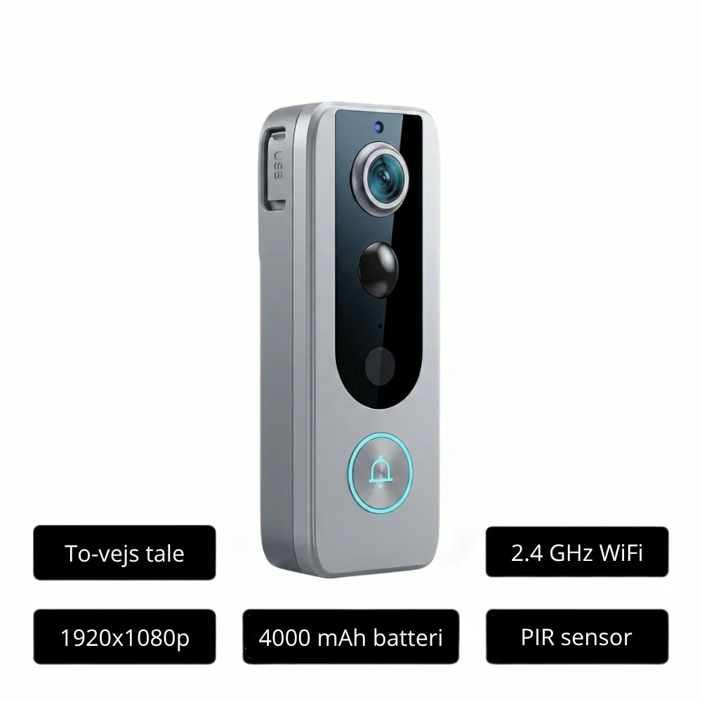 DanGear 2MP WiFi trådløs dørklokke med kamera og bevægelsessensor og batteri