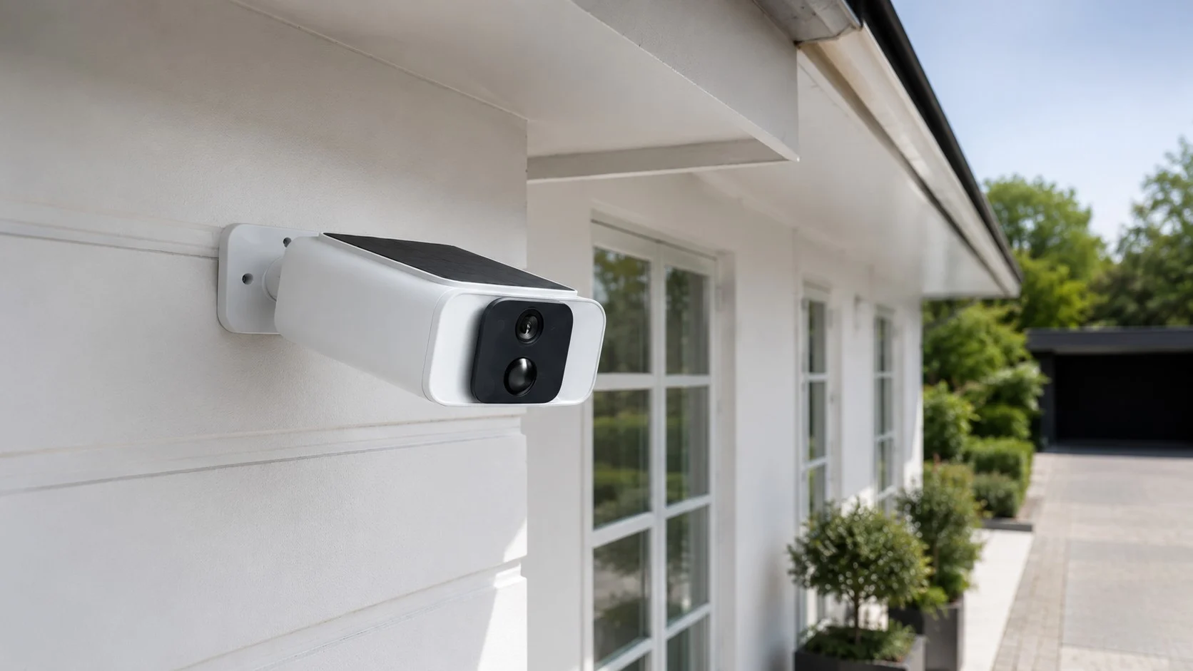 5MP WiFi overvågningskamera med batteri og indbygget solcelle monteret på hus 5MP WiFi overvågningskamera med batteri og 1.5W solcelle