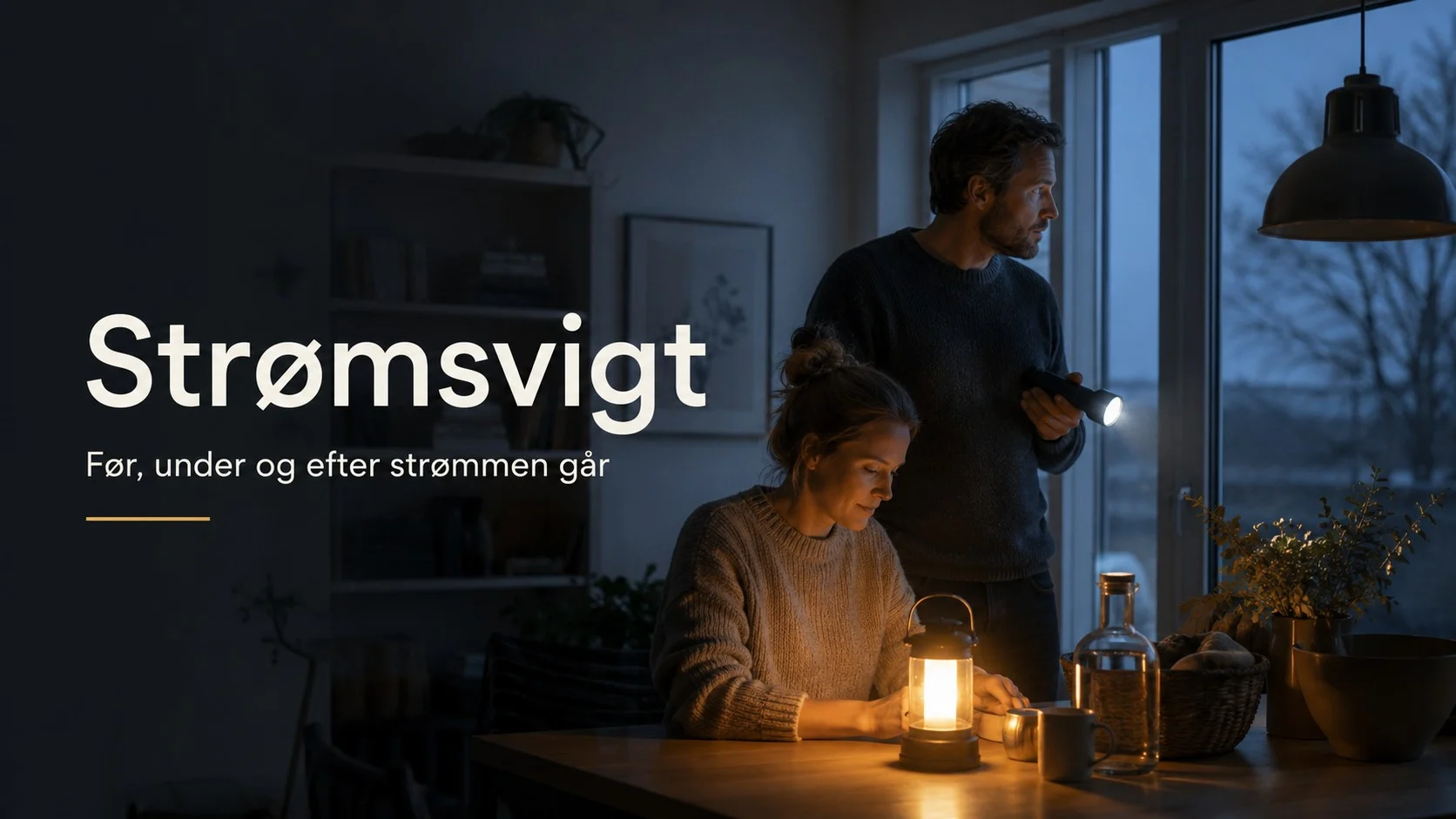 Mørk stue med lys og skygger under strømsvigt